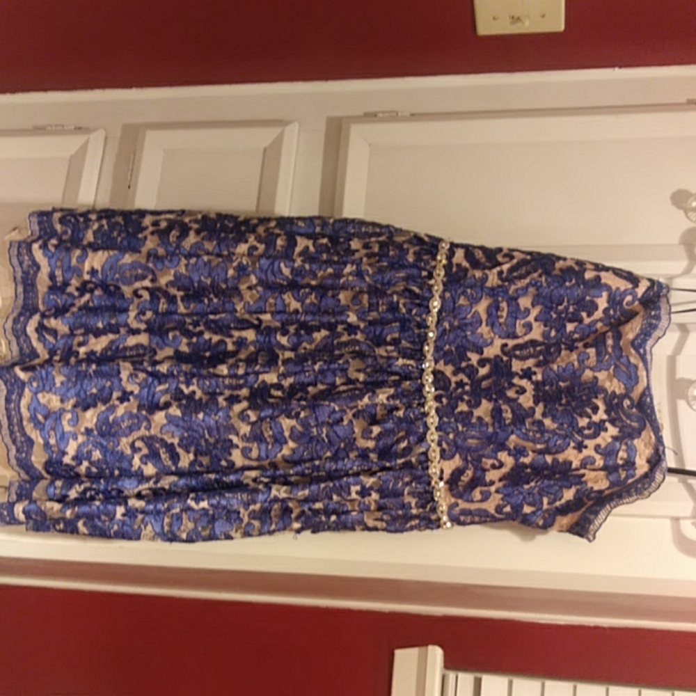 Strapless blue and tan dress